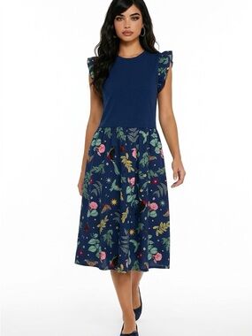Floral Navy Pleated Midi Dress with Flutter Sleeves